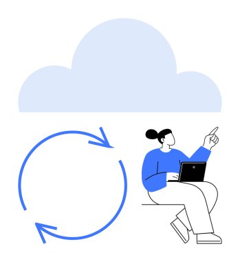 Mavi dairesel okların üzerinde bulut ve yukarı bakan bir dizüstü bilgisayar. Teknoloji, yenilik, bulut depolama, takım çalışması, fikirler, süreç yönetimi, eğitim için ideal. Düz basit metafor