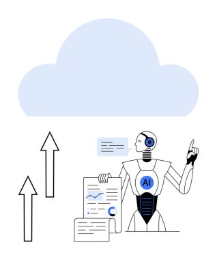 Yapay zeka robotu çizelgeleri ve grafikleri bulut, konuşma balonu ve yukarı doğru oklarla analiz ediyor. Yapay zeka, bulut çözümleri, veri analizi, yenilik, otomasyon, dijital dönüşüm için ideal