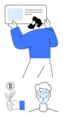 Elinde veri paneli olan bir adam, bitkisel bir demet Bitcoin büyümeyi simgeler, yüz teknolojisi için geometrik desen. Teknoloji, engelleme zinciri, finans, biyometri, girişimler için ideal