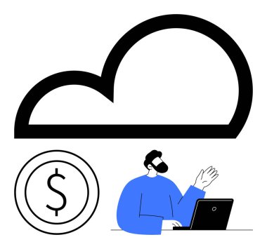 Büyük bulut, daire şeklinde dolar işareti ve dizüstü bilgisayarla çalışan bir adam. Dijital ekonomiyi sembolize etmek, uzaktan çalışma, bulut depolama, fintech, e-ticaret veri yönetimi çevrimiçi işbirliği. Minimalist daire
