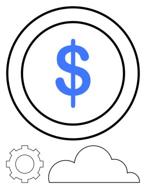 Dolar işareti, bulut ve teçhizatlı büyük sikke dijital finans, bulut teknolojisi, yenilik ve ekonomik büyümeyi temsil ediyor. Finans, fintech, bankacılık bulutu hesaplama için ideal