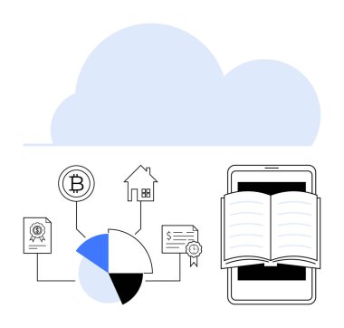 Tablet üzerine açık bir kitap, üstünde bulut olan bir tablo, kripto para, gayrimenkul ve yasal sertifikayla bağlantılı bir pasta tablosu. Eğitim, teknoloji, veri analizi, finans, bulut hesaplama e-öğrenimi için ideal