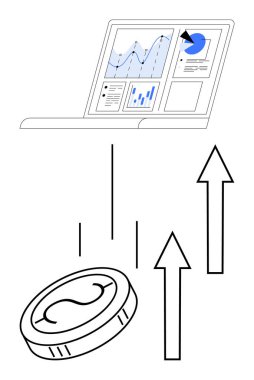 Finansal grafikleri olan dizüstü bilgisayar ekranı, yükselen oklar ve madeni para çevrimiçi yatırım, kâr artışı ve analitiği temsil ediyor. Yatırım, finans, iş başarısı, teknoloji ekonomisi pazarlaması için ideal