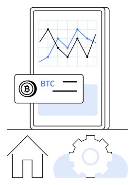 Bitcoin kartı ve satır grafiği ile şifreli verileri gösteren akıllı telefon. Vites, bulut ve ev şekilleri teknoloji, finans ve ev bağlantısını akla getiriyor. Finans, kripto, veri uygulamaları planlama için ideal