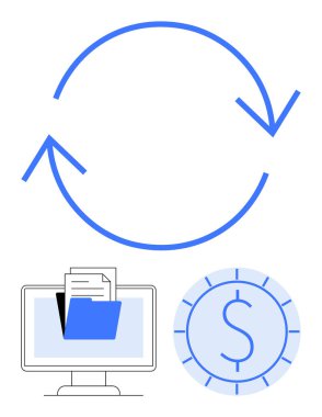 Dairesel oklar senkronizasyonu sembolize eder, klasörü ve dosyaları olan bir bilgisayar veri yönetimini gösterir, ve para da finansal yönleri gösterir. Üretkenlik, finans ve veri paylaşımı için ideal