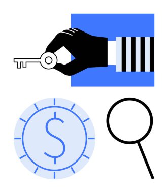 El ele tutuşmanın anahtarı, dairesel tasarımı olan bir dolar para keşif için büyüteç, finans teması. Güvenlik, başarı, para, arama yatırım fırsatları çözümleri için idealdir. Düz basit