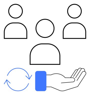 Üç kişinin ana hatları, mavi geri dönüşüm okları ve takım çalışmasını, sorumluluğu ve kaynak paylaşımını temsil eden açık bir el. İşbirliği, sürdürülebilirlik, liderlik, iletişim güveni için ideal