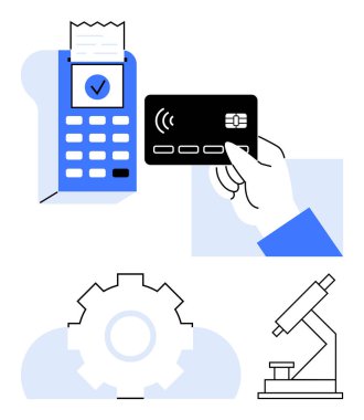 İşlem için ödeme terminalinin yanında el ele tutuşma kartı, yanında ekipman ve mikroskop görüntüleri var. Teknoloji, finans, yenilik, araştırma, işlem, gelişme için ideal. Düz