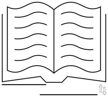 Okları ve metni sembolize eden kıvrımlı çizgileri olan açık bir kitap kaydırma ya da navigasyonu işaret ediyor. Okuma, edebiyat, öğrenme, eğitim, dokümantasyon, hikaye anlatma, dijital kütüphane için ideal. Düz