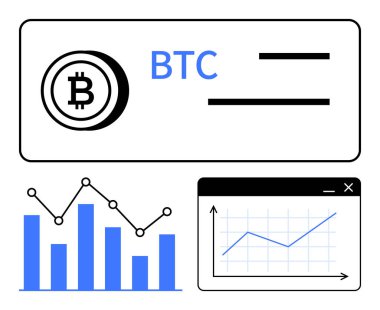 Bitcoin logosu ve etiketi artan trend çizgileri olan veri grafikleri ve grafiklerinin yanında. Kripto para, yatırım, borsa, fintech, engelleme zinciri, finansal büyüme, veri görselleştirme için ideal. Düz
