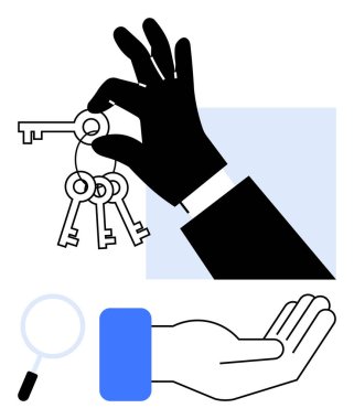 Siyah el ele tutuşan anahtarlar, mavi çizgili avuç içi, büyüteç, güveni, erişimi ve fırsatı simgeliyor. Güvenlik, arama, mülk, mülkiyet içgörüsü çözümleri paylaşımı için ideal