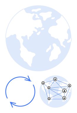 Dünya haritası, dairesel oklar, birbirine bağlı insanlar ağı. Sürdürülebilirlik, takım çalışması, küreselleşme, iletişim, yenilik işbirliği çevre dostu çözümler için idealdir. Düz basit metafor