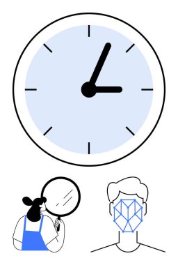 Odak olarak büyük saat, büyüteçle analiz eden kadın, alttaki geometrik yüz şekli. Üretkenlik, gözetim, kimlik, analitik, teknolojik yapay zeka doğrulaması için ideal. Düz basit