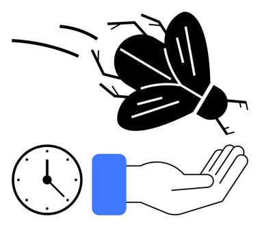 Geniş, detaylı bir sinek saati geçiyor ve elini açıyor. Zaman yönetimi, süreler, kısacık fırsatlar, verimlilik, stres, karar verme, düz bir metafor için ideal