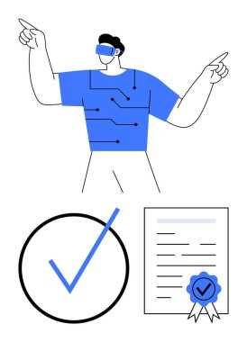Sanal gerçeklik gözlüklü, teknolojiden esinlenilmiş bir gömlek giyen, tamamlandığını onaylayan büyük bir işaret ve onay belgesi olan bir adam. Yenilik, teknoloji, eğitim, sertifika için ideal