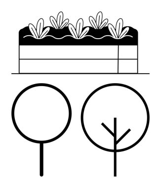 Yapraklı bitkiler ve siyah çizgili iki basit ağaç motifli yükseltilmiş bahçe yatağı. Sürdürülebilirlik, bahçıvanlık, eko-yaşam, minimalizm, sanat, peyzaj, yeşil enerji için idealdir. Düz
