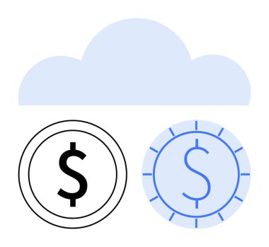 Mali teknoloji ve veri güvenliğini temsil eden iki dolarlık siyah ve mavi paraların üzerinde bulut. Fintech, bulut depolama, para yönetimi, yenilik, ekonomi ve dijital için ideal