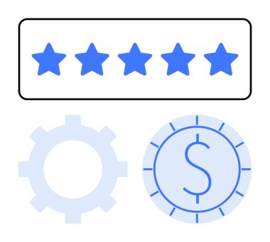 Beş mavi yıldız en yüksek dereceyi gösteriyor. İşlem için ekipman ve değer için dolar işaretleriyle eşleştirilmiş. İş kalitesi, müşteri memnuniyeti, süreç optimizasyonu, mali planlama, hizmet için ideal