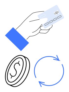 El ele tutuşan kredi kartı, dolar işareti olan bozuk para, finansal işlemleri sembolize eden dairesel oklar, yenilenme. Finans, ödeme, abonelik, bankacılık, ekonomi tasarrufu dijital ticaret için ideal