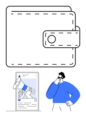 Cüzdanı ve akıllı telefonu ile sosyal medya gönderisi megafon, düşünceli kullanıcı figürü ile eşleştirilmiş. Pazarlama, finans, dijital tanıtım, e-ticaret, çevrimiçi iletişim, uygulama kullanımı, mali