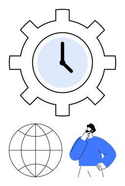 Bir dişlinin içindeki saat zaman örgütlenmesini simgeler, dünya küresel perspektifi temsil eder, ve düşünceli bir insan karar verme mekanizması veya stratejisini önerir. Üretkenlik, planlama, verimlilik için ideal