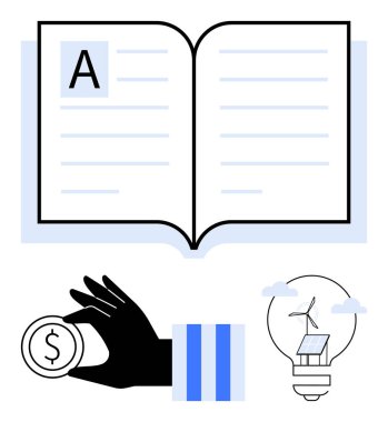 Metin satırları, madeni para sunan el kitabı, içinde yel değirmeni ve güneş paneli olan ampul. Eğitim, okuma, yatırım, bağış, sürdürülebilirlik teknolojisi ortamı için idealdir. Düz