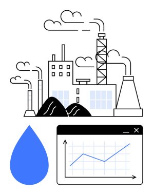 Kömür yığınları ile duman yayan fabrika, eğilimleri gösteren analitik çizelge, kaynakları sembolize eden mavi su damlası. Sürdürülebilirlik, çevre, kirlilik, sanayi analizi, korunma için ideal