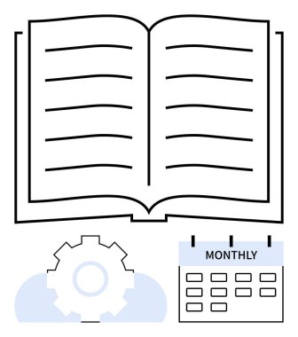 Çizgiler, vites ve aylık takvim içeren açık bir kitap eğitim, programlama, verimlilik ve sisteme uyum öneriyor. Zaman yönetimi, öğrenim planlaması, görev önceliklendirme iş akışı hedefi için ideal
