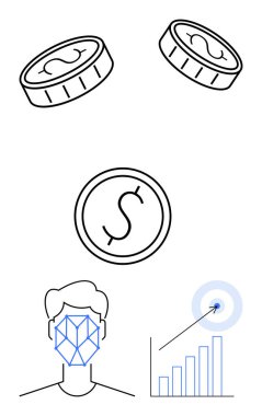 Madeni paralar maddi temaları sembolize ederken, yüz tanıma sistemi ve bir hedef grafiği veri, yapay zeka ve büyüme analizini simgeler. Finans, teknik yenilik, yapay zeka analizi, biyometri, iş dünyası için ideal