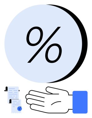 Büyük mavi daireli yüzdelik sembol, ileri doğru uzanan el ve kontrol işaretli makbuzlar. Finans, kredi, faiz oranları, hesaplamalar, bankacılık vergi iadeleri ve bütçe için ideal. Çizgi