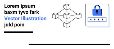 Bağlı küplerle blok zinciri diyagramı ve şifreli bir güvenlik kilidi. Teknoloji için ideal, engelleme zinciri, siber güvenlik, veri koruması, güvenli işlemler, dijital çözümler, basit iniş