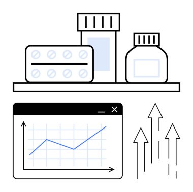 İlaç şişeleri, su toplayıcıları, yukarı doğru eğilimli grafikler ve oklar. Sağlık, eczane büyümesi, araştırma, tıbbi yenilik gelişimi yatırım girişimciliği için idealdir. Düz basit