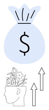 Başının üstünde dolar işareti olan para çantası çiçeklerle dolu, finansal başarıyı ve yaratıcı düşünceyi temsil ediyor. Yenilik, yatırım, girişimcilik ve finansal planlama için ideal