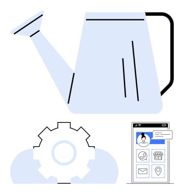 Su bidonları ve akıllı telefon uygulama arayüzü beslenme, verimlilik ve işlem optimizasyonunu öneriyor. Büyüme, gelişme, takım çalışması, teknoloji, ticaret, sürdürülebilirlik stratejisi için ideal