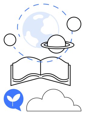 Gezegenleri, Dünya 'yı, filizlenen konuşma baloncuklarını ve sürdürülebilirliği, eğitimi, bilgiyi, bilimi, yaratıcılığı, ekolojik farkındalığı ve küresel birliği vurgulayan bulutları içeren açık bir kitap. Düz öğrenmek için ideal basit