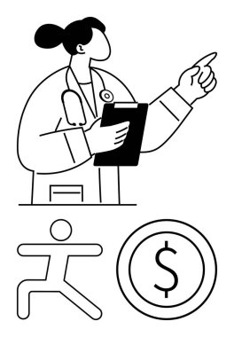 Kadın doktor pano tutuyor ve işaret ediyor, koşan bir figür ve ayrı bölümlerde bir dolar işareti var. Sağlık, zindelik, finansal planlama, sağlık tavsiyesi, tıbbi danışmanlık için ideal