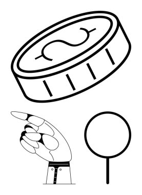 Dolar işareti ekonomiyi simgeleyen madeni para, yönü gösteren robot parmak, analiz için büyüteç. Finans, teknoloji, rehberlik, ekonomi, yenilik, odak araştırması için ideal