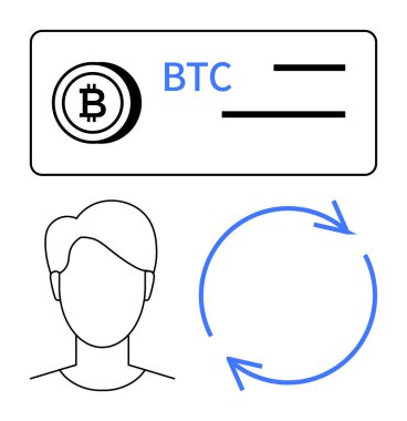 Üzerinde BTC metin, kullanıcı yüzü çizgisi ve dairesel mavi ok olan Bitcoin ve cüzdan etiketi. Kripto para birimi, engelleme zinciri, işlemler, güvenlik, finans teknolojisi için ideal. Düz basit