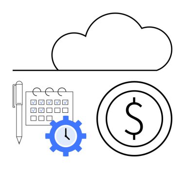 Kontrol işaretli bir takvimin üzerinde bulut ana hatları, kalem, saat dişli dişli dişli dişli dişli dişli dişli dişli, ve dolar bozuk para. Zaman yönetimi, veri organizasyonu, dijital planlama, zamanlama, verimlilik için idealdir.
