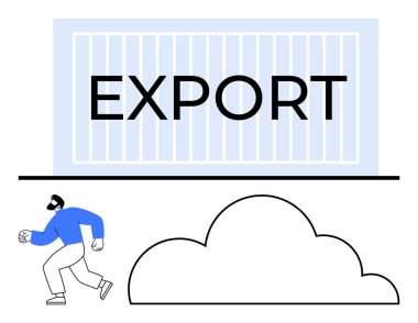 Export etiketli büyük bir nakliye konteynırı, aşağıda koşan bir adam, bulutların üstünde. Lojistik, ihracat, ulaşım, küresel ticaret, tedarik zinciri dağılımı ve verimliliği için ideal. Düz basit metafor