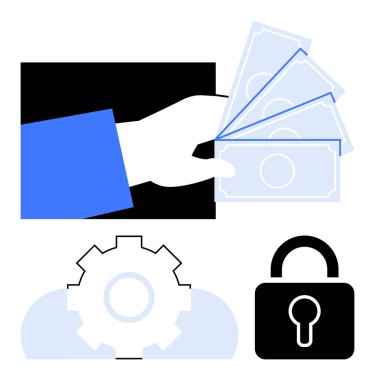 Para, teçhizat ve kilit sunumu finansal işlemleri, güvenli ödemeleri ve sistem işlemlerini temsil ediyor. İş, ekonomi, teknoloji, güvenlik yatırım bankacılığı için ideal