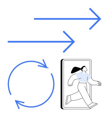 Akıllı telefondan çıkan kadın, mavi yönlü oklar, dairesel hareketler için oklar. Kavram için ideal başparmak dönüşüm, ilerleme, akış, yenilik, geçiş, dijital hareket