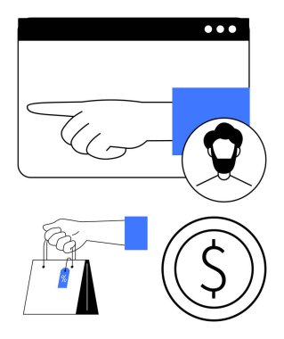 Vektör el tıklama ekranı, profil simgesi, indirimli etiketli alışveriş çantası, dolar para. E-ticaret, çevrimiçi alışveriş, dijital ödemeler, perakende müşteri kimliği tasarruf teknolojisi için ideal. Düz