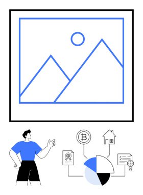 Bilgi grafiklerinde turta grafiği, kripto para birimi sembolü, ev simgesi ve temalarla bağlantılı sertifika kullanan bir adam. Teknoloji, eğitim, finans, yatırım, emlak kriptosu için ideal