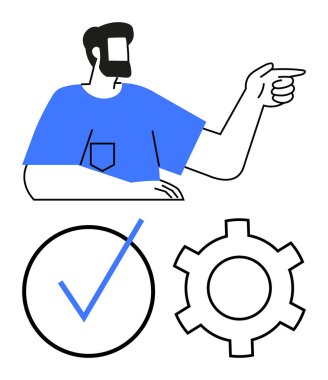 Adam gösterme, mavi işaret, vites simgesi. Takım çalışması, karar verme, başarı, üretkenlik, hedefler iş akışı planlaması için idealdir. Basit düz metafor