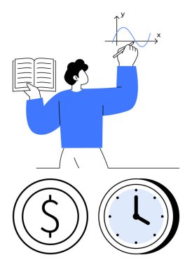 Grafik çizerken açık bir kitap tutan şahıs, altında dolar ve saat sembolleri olan. Eğitim, finans, üretkenlik, zaman yönetimi, öğrenme, planlama ve karar verme için idealdir. Düz