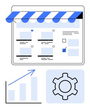 Tenteli ve ürün ızgaralı dijital vitrin ekranı, yükselen büyüme grafiği ve vites simgesi. Perakende, iş, büyüme, e-ticaret, strateji optimizasyonu için ideal. Düz basit metafor