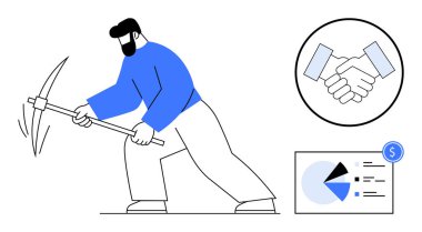 İşçi kazması, daire şeklinde tokalaşma turta segmentleri ve döviz işaretli mali tablo. Takım çalışması, madencilik, iş gücü, sıkı çalışma, finansal başarı işi büyüme çabaları için idealdir. Düz