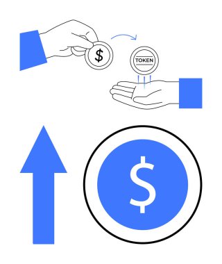 Bir dolarlık bozuk para ve jeton, büyük bir dolar sembolü, yukarı doğru ok. Kripto para birimi, yatırım, finansal büyüme, dijital ekonomi, Forex, fintech yenilik düz metafor