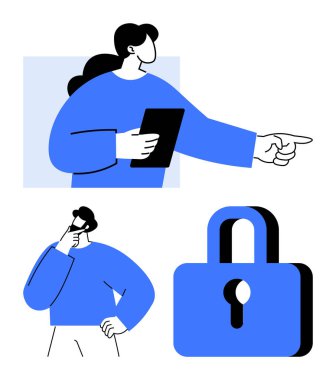 Tabletle işaret eden kadın, düşünen erkek, ve kilit dikkat, problem çözme ve korunmayı temsil ediyor. Takım çalışması, güvenlik, teknoloji, karar verme beyin fırtınası dijital yönlendirme için ideal